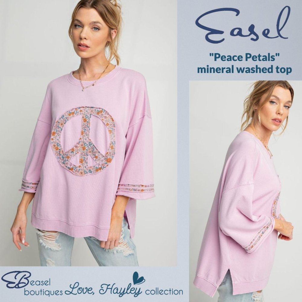 EASEL "Peace Petals" Mineral Washed Cotton Side Slits Peace Sign Patch Raw Seams